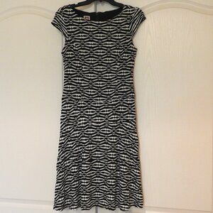 Anne Klein Belted Black and White Fit And Flare Dress, Size 4, Cap Sleeves
